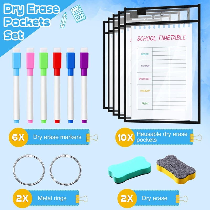 Tosstuki 20 Sets Oversized Reusable Dry Erase Pocket Clear Plastic Sleeve Protector with 2 Rings 6 Pens 2 Erasers 10x14 Inch Job Ticket Holder Work Order Sleeve for Teacher Office Supplies (Black) - Image 3